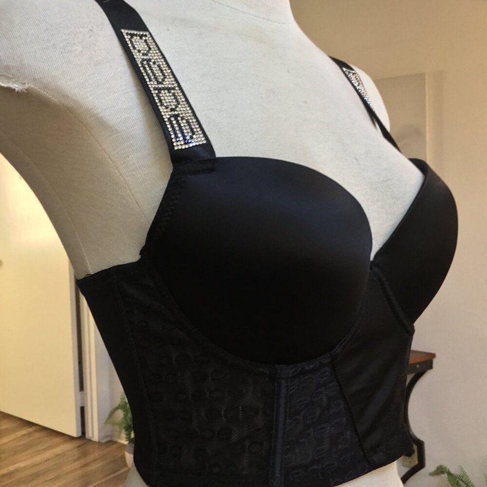 BEBE Intimate Lingerie Bustier Brassiere Push Up Logo Stones Lycra Blk Various